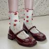 Fashion Retro Red Mary Jane Shoes Women Thick Heels Ankle Buckle Lolita Shoes Woman Student French Square Heel Shallow Mouth Single Shoe