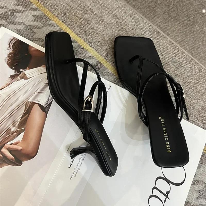 Summer Narrow Band Heel Sandals Women Low Heels Ankle Strap Fashion Square Toe Ladies Dress Sandalias Women's Flip
