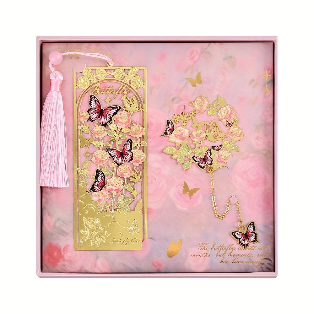 Butterfly Bookmarks with Metal Chain, Vintage Golden Hollow Bookmarks Set, Birthday Christmas Gifts, Planner Accessories (Pink,14.8*14.8cm)