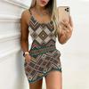 Summer New Retro Patterns  Print Sleeveless Bodycon Dress with Pockets Sexy Slim Fit Elegant Party Dress