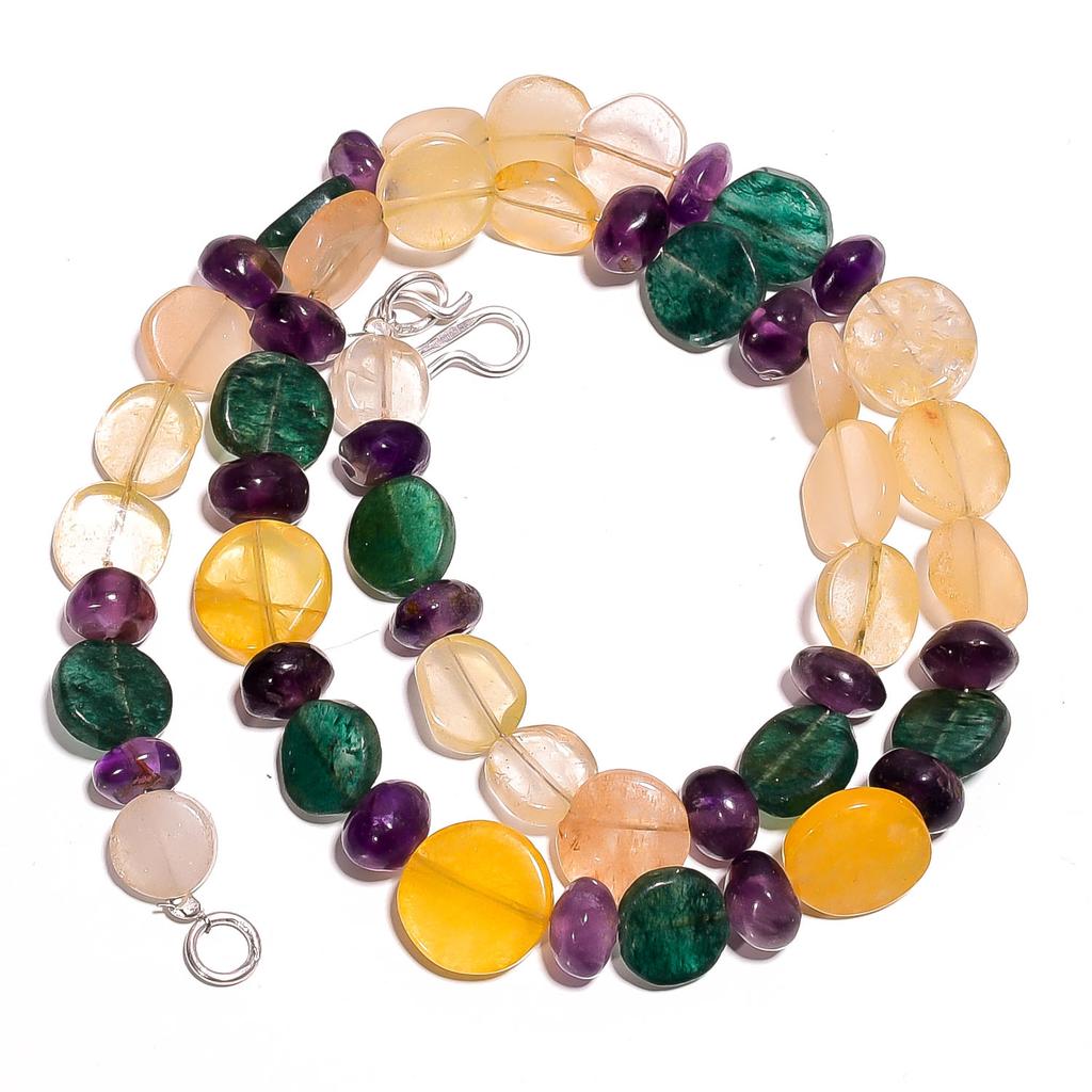 Natural Amethyst Orange & Green Aventurine Gemstone Beads Necklace 17" UB-2893 UB-2893