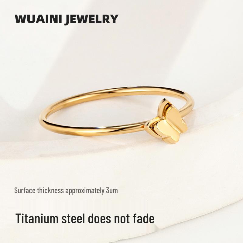 French Double-Layer 3D Butterfly Ring, Titanium Steel, Electroplated 18K Gold, Little Fragrance Style, Women's Niche Accessory