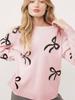 2025 Autumn New Women's Bow Print Loose Knit Sweater - Long Sleeve Sweet Style
