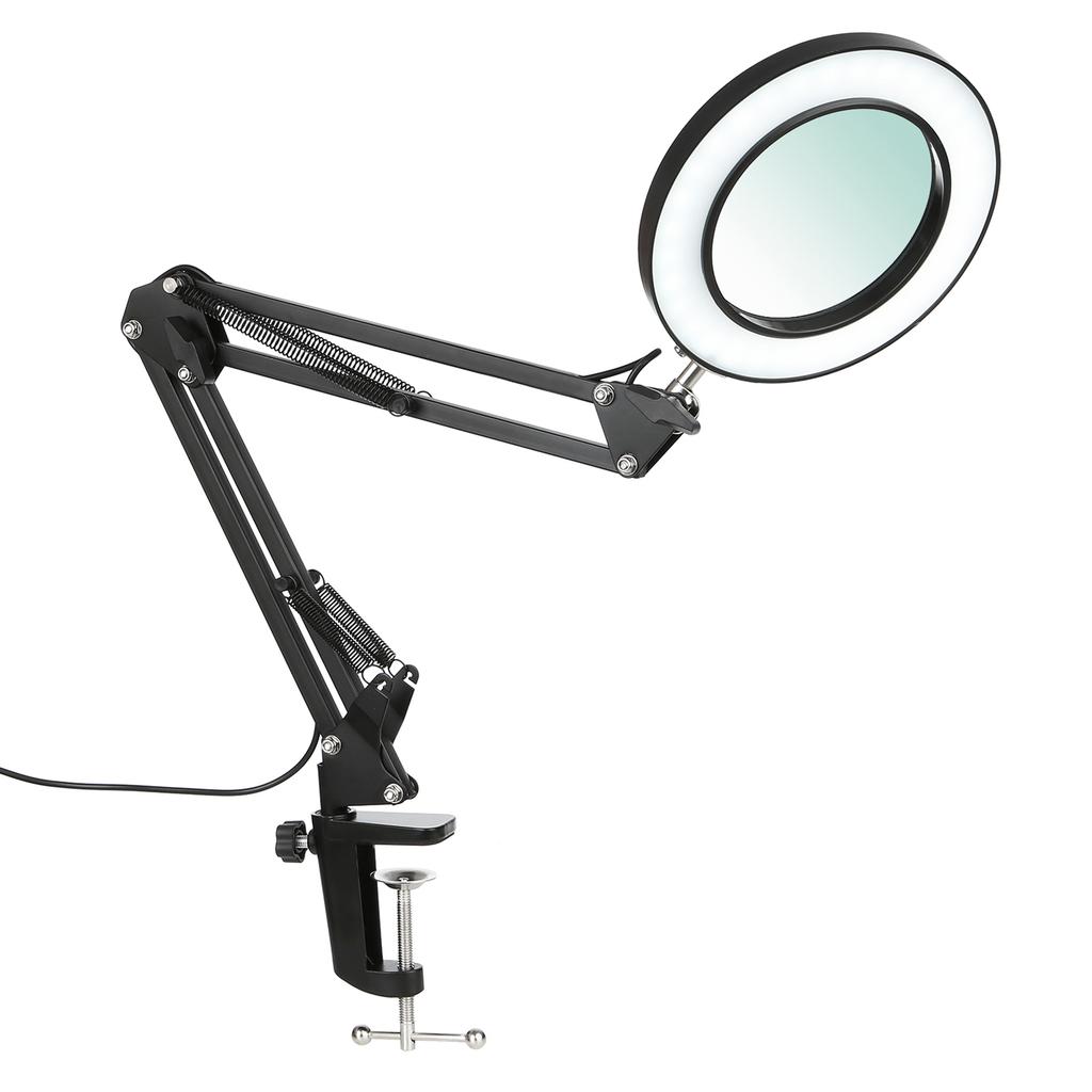 Flexible Clamp on Table Lamp with 8x Magnifier Swing Arm Dimmable LEDs Desk Light 3 Color Modes & 10 Brightness