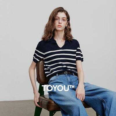 Damen POLO Kragen Gestreiftes Strick Kurzarm Top