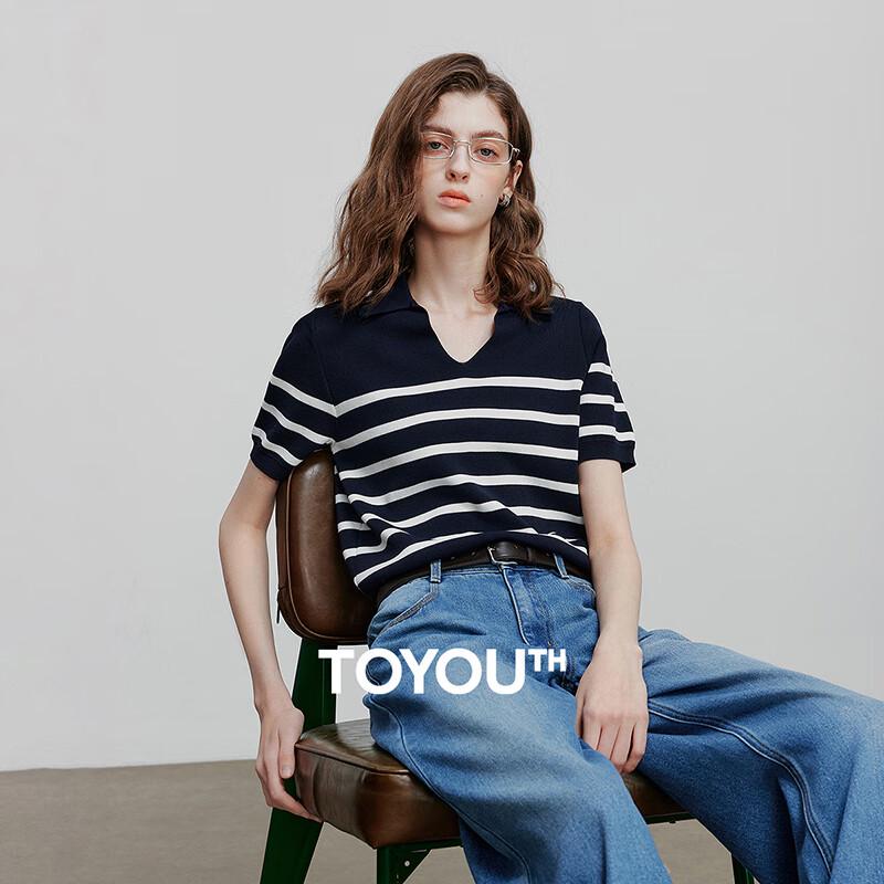 

Women s POLO Collar Striped Knit Short Sleeve Top S