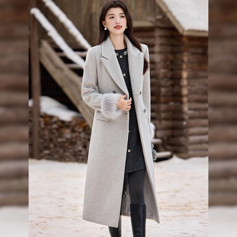 Bailuyu Women's Elegant Slim Fit Double-Breasted Long Wool Coat