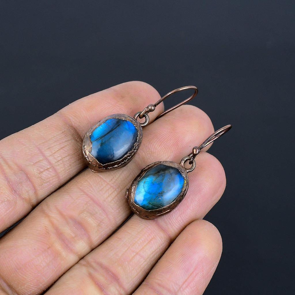 Labradorite Copper Electroformed Earrings, Handmade Gemstone Earrings Jewelry, Gifts For Wife Brand New Earrings