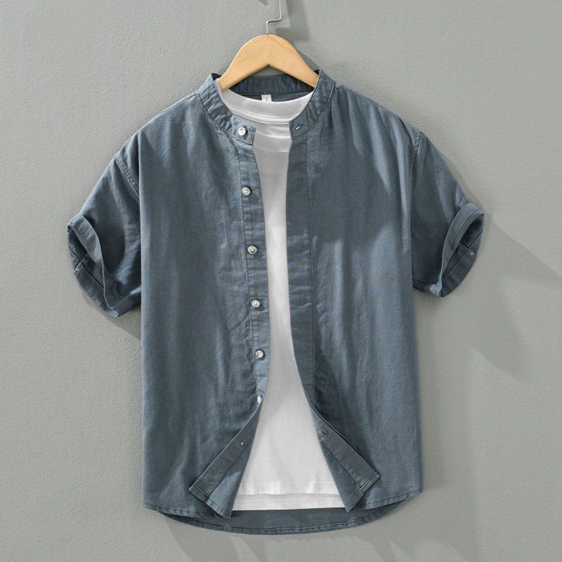 Japanese-Style Casual Stand-Collar Cotton-Linen Short-Sleeve Shirt for Men, Summer Thin Linen Shirt, Large Size