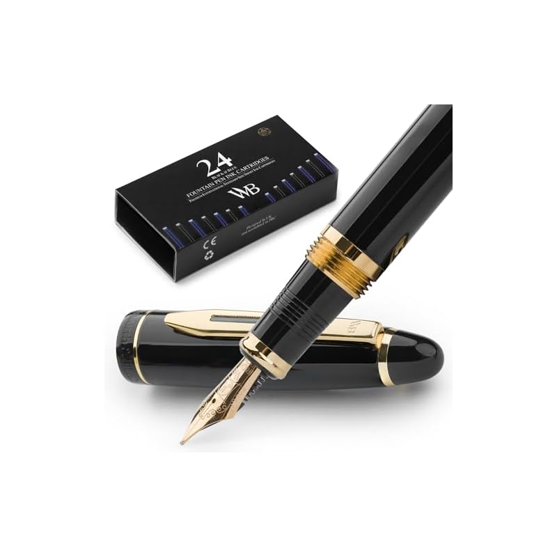 Wordsworth & Black Premium Metal Fountain Pen - Majesty (Black Gold) | 24 Fountain Pen Ink Cartridges (Black & Blue) | 24K Gold Finish | 18K