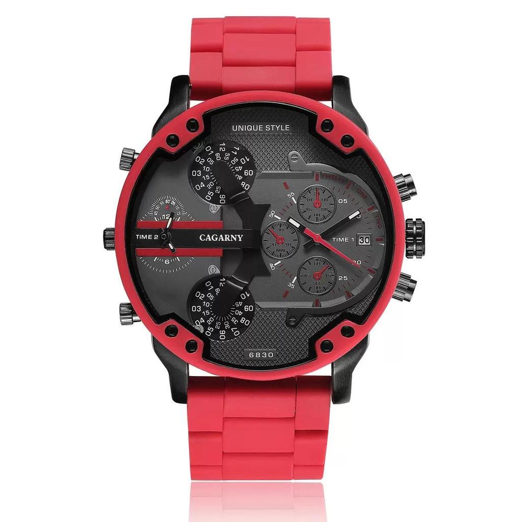 Cagarny Quartz Watch For Men Cool Big Case Red Silicone Steel Band Sports Wristwatch Man Military Relogio Masculino D7370