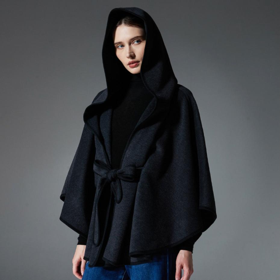 Damen Doppelseitiger Wollähnlicher Kapuzen-Cape-Schal, Poncho-Wickelmantel mit Schleifenband, 143×123cm Dicke Warme Oberbekleidung für Herbst Winter
