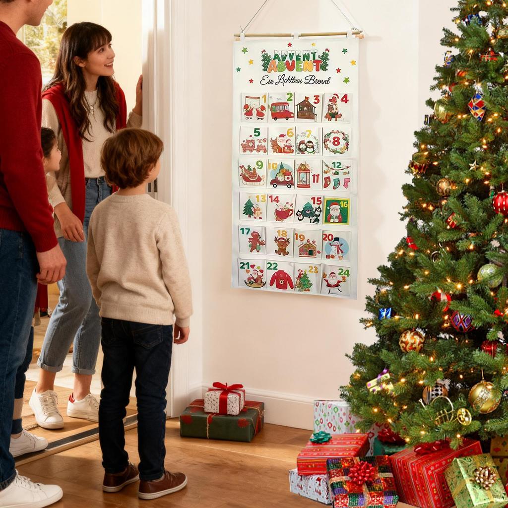 Christmas Advent Calendar Bag - 24 Days Countdown Bags with 24 Number Pockets, Hanging Cloth Organizer for Candy Snacks Gifts