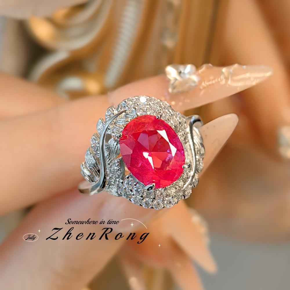 Women Jewelry Set Simple Red Corundum Ring Light Luxury Unique Design High Carbon Diamond Engagement Ring
