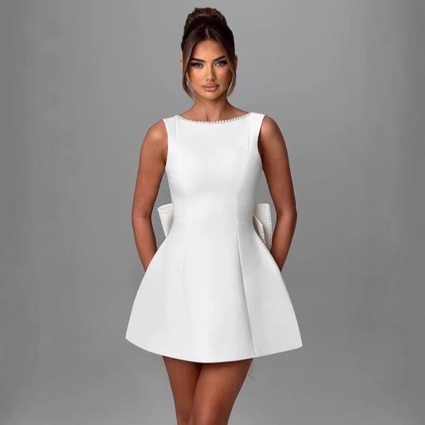 Women's Summer Pearl Bow A-Line Fashion Slim Dress