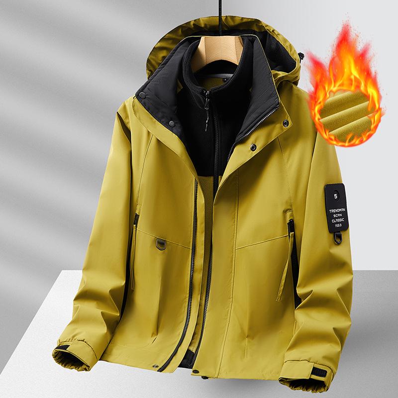 Men's Waterproof Hooded Windbreaker with Fleece Inner Layer - Plus Size, Softshell Jacket for Spring, Autumn, and Winter.