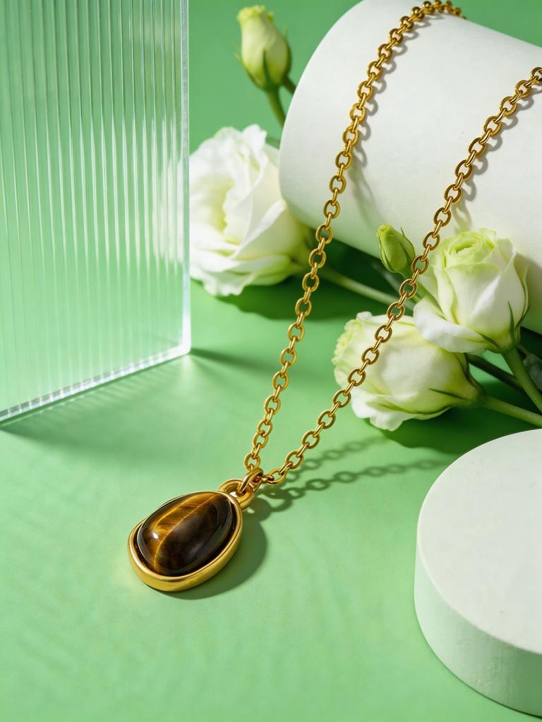 Irregular Geometric Tiger's Eye Pendant Necklace Gold Stainless Steel O-Chain Natural Stone Necklace Exquisite Party Jewelry
