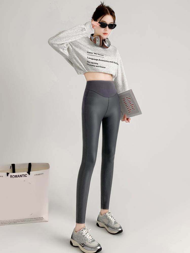 

Чорні шкіряні штани з поліуретану Жіночі осінь-зима плюс оксамитові вузькі легінси Стрейч Штани з високою талією Спортивні теплі штани для йоги M сірий