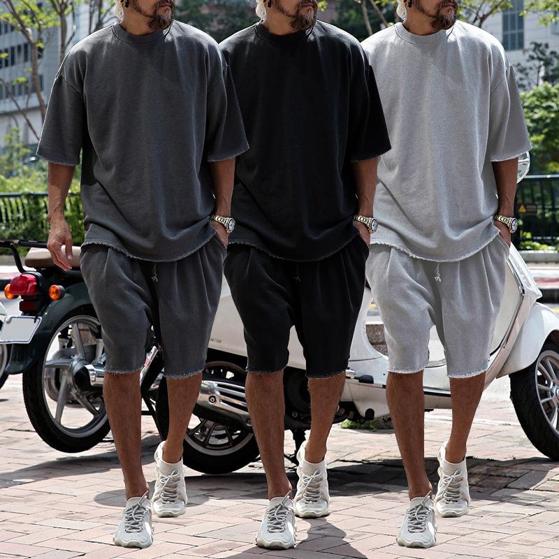 European Plus Size Casual Men's Set: Loose Short Sleeve T-shirt & Solid Color Shorts