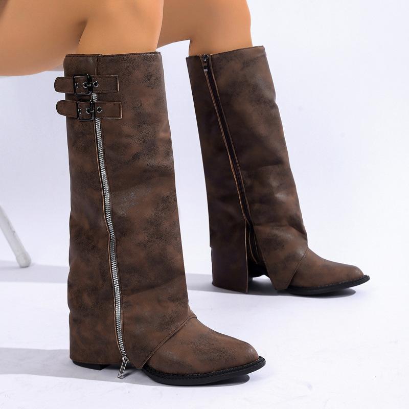 Pointed retro belt buckle high-heeled trouser boots autumn new large-size side zipper cowboy boots