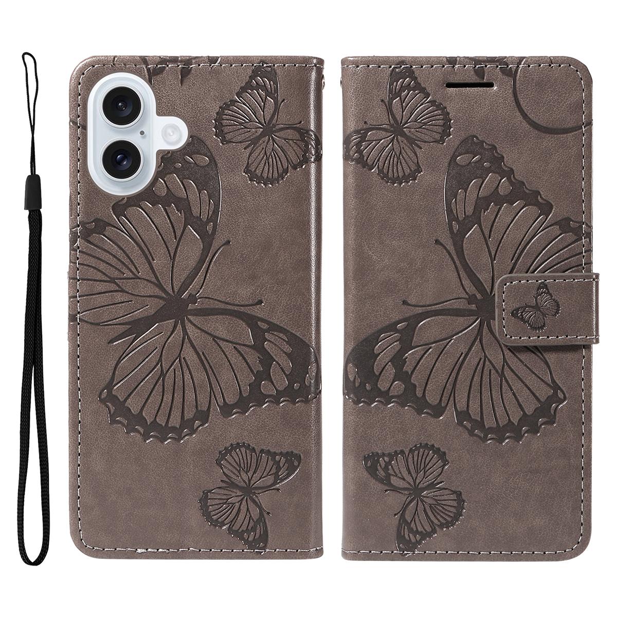 

For iPhone 17 Wallet Case Floral Butterfly Imprinted Leather Phone Cover Stand Grey