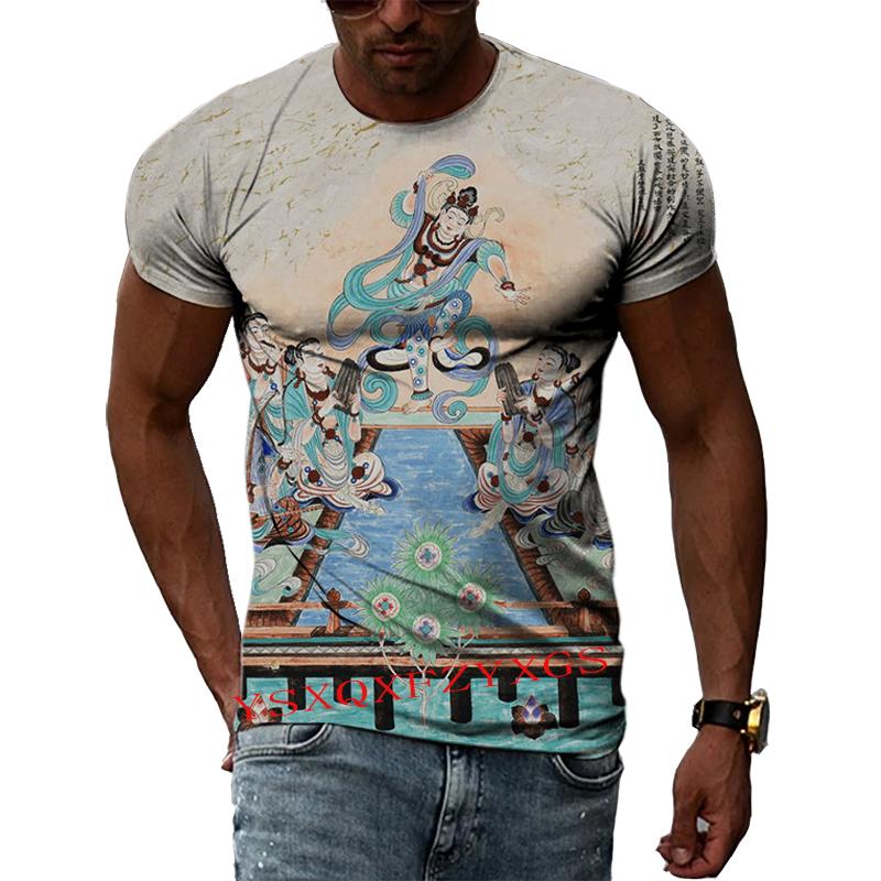 China Dunhuang Mural Art 3D Harajuku Printed Men's And Women's Summer Short-Sleeved Round Neck Literary Fashion T-shirt Top