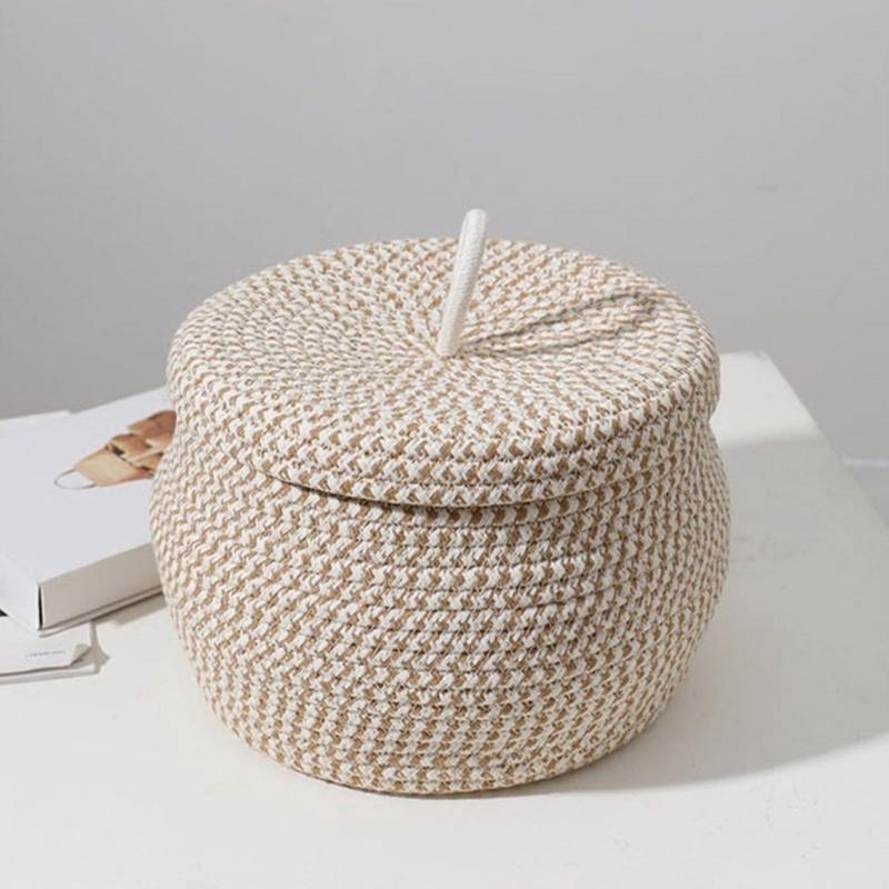 Storage Basket with Lid Key Laundry Round Little Baskets Organizer Shelves Woven Cotton Rope Indoor Pots Plant Decor