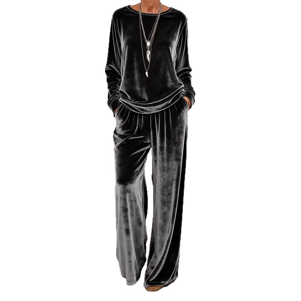 Women's Velvet Long Sleeve Top and Wide Leg Pants Set In 5 Colors