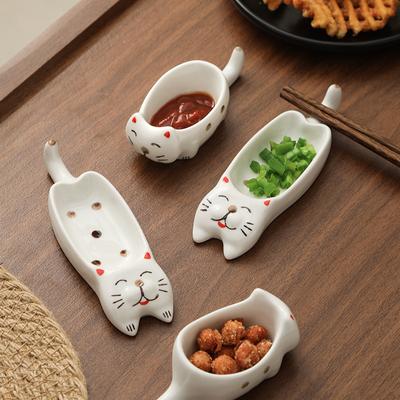 Japanese Hand-Painted Dipping Dish Cute Kitten Soy Sauce Dish Ceramic Underglaze Color Seasoning Dish Creative Integrated With Chopstick Rack Holder