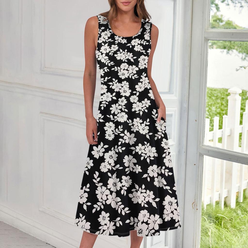 Women's Casual Fashion Floral Print Round Neck Sleeveless Midi Dress