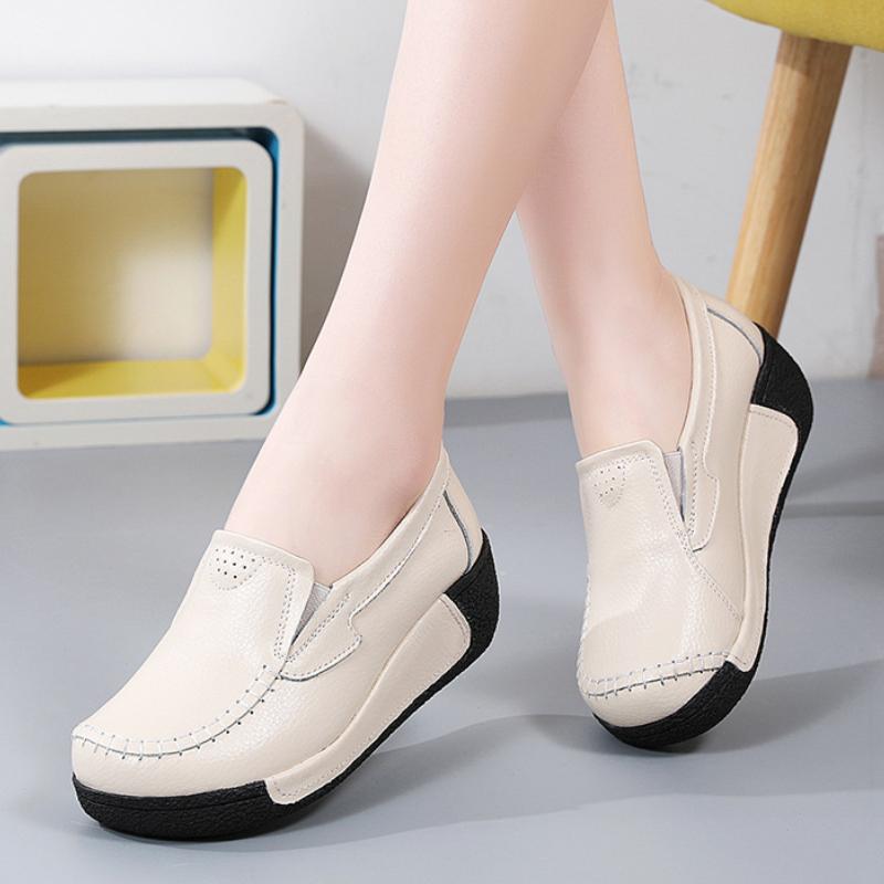 Fashion Platform Shoes Genuine Leather Wedge Heels Casual Shoes Slip-on Loafers Daily Walking Shoes