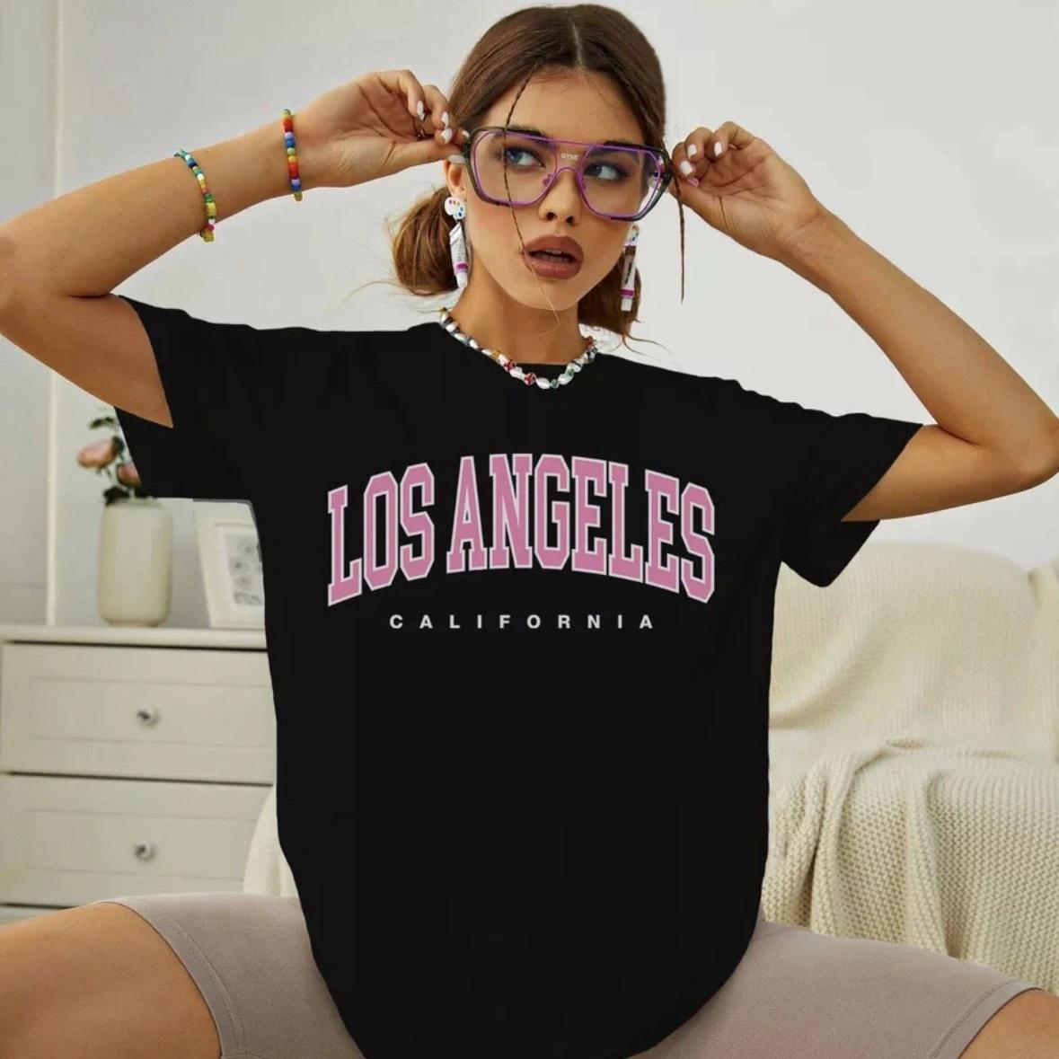 

2024 Pure Cotton Women s Loose Fit LA Letter Tee with Regular Shoulder Sleeves 3XL