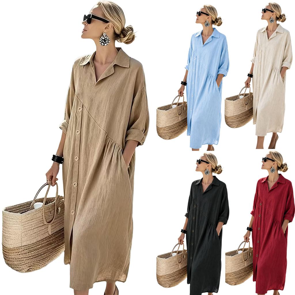 Women's Color Casual Button Front Midi Dress for Everyday Wear