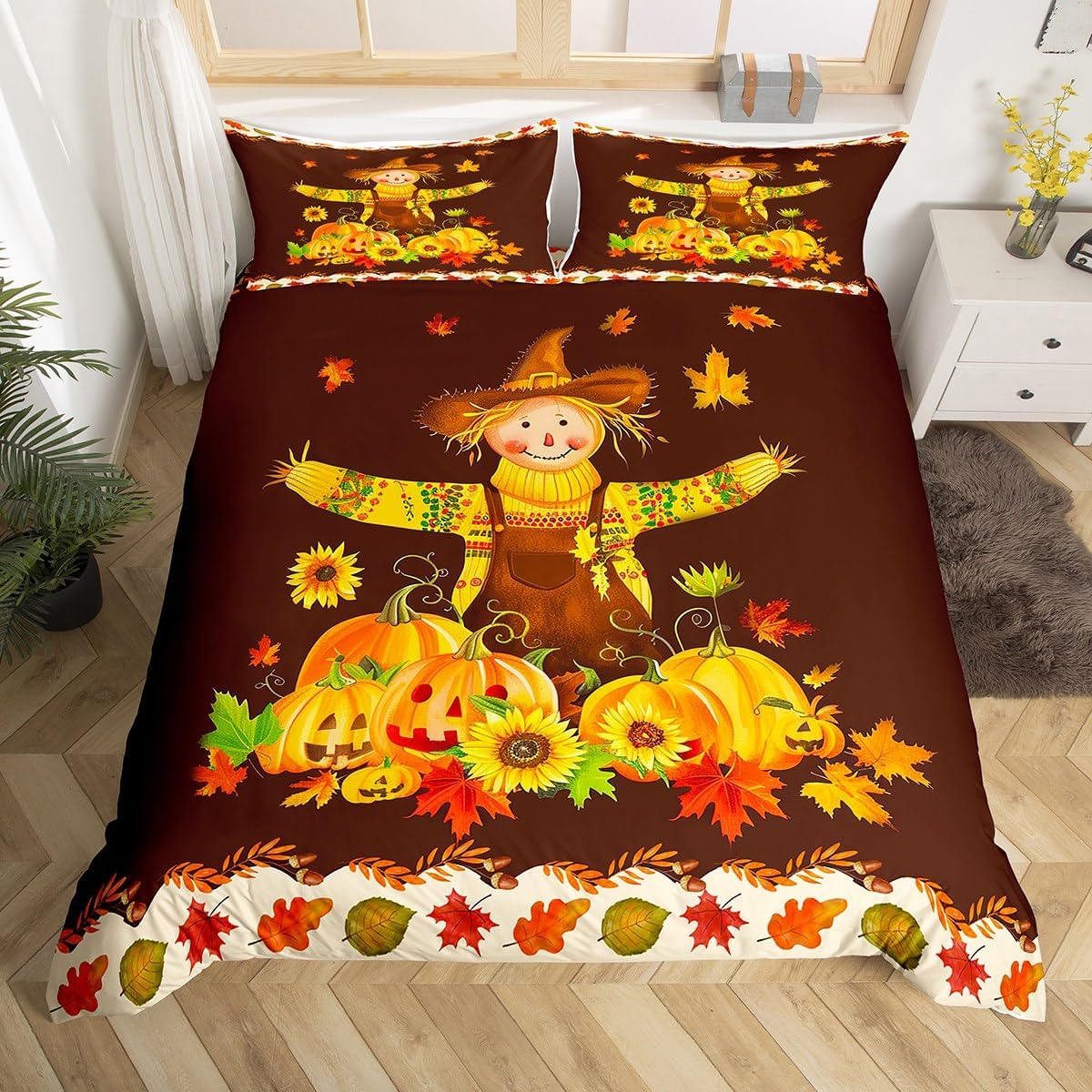

Fall Bedroom Decor Bedding Set Twin Queen for Girls Women Autumn Harvest Theme Duvet Cover Rustic Pumpkin Print Comforter Cover EU Single(135x200cm)