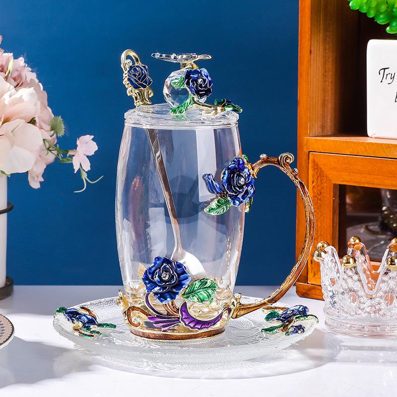 Colored Enamel Flower Glass Tea and Coffee Cup Set for Home and Office