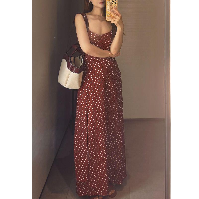 

Red French style Advanced Sense Retro Polka Dot Linen Waist Hugging Sling Long dress Dress Long Women Summer 3049676 Red XS