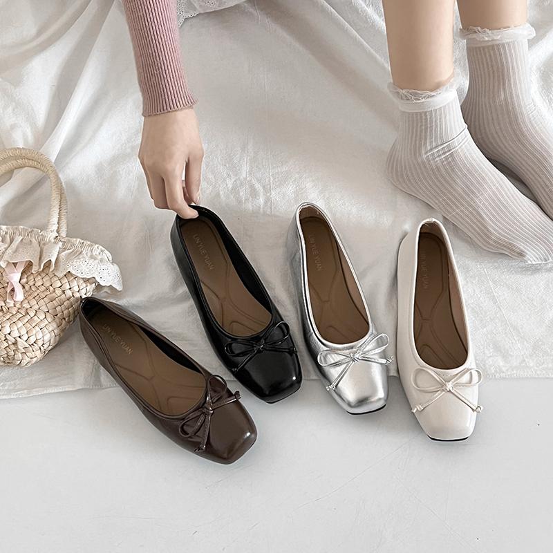 New Elegant Bowknot Ballerina Women's Flats Round Toe Comfort Slip-On Ladies Loafers Leather Single Mules Shoes Zapatos Mujer