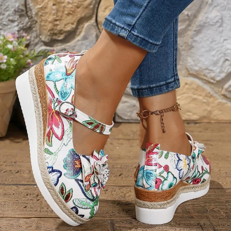 Fashion Mid Heel Wedges Pumps Spring/autumn Flowers Shoes Female 2025 High Quality Round Toe Buckle Strap Shallow Women's Shoes