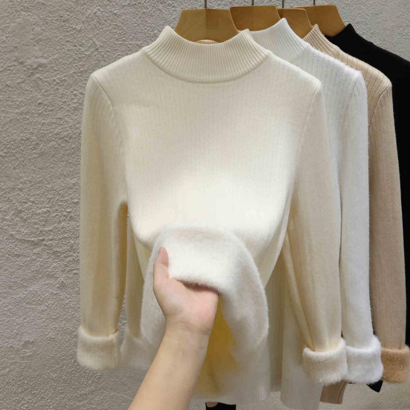Semi-turtleneck Sweater Women's Thickened Fleece Knitted Bottoming Shirt Autumn and Winter New Integrated Fleece Top