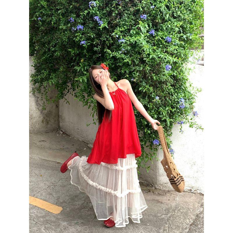 Kumikumi Gentle Sweet Girl Set Red Hanging Neck Cami Women Clothes Summer Mesh Skirt Two-piece Set