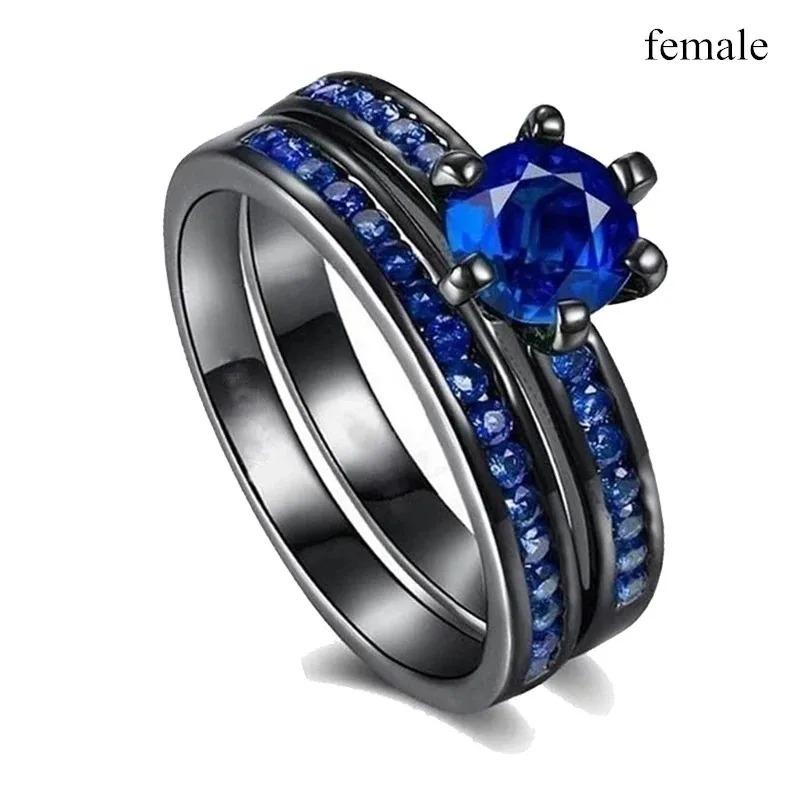 Fashion Couple Rings Romantic Blue Rhinestones CZ Women Rings Set Trendy Men Stainless Steel Zirconia Ring Wedding Band Jewelry