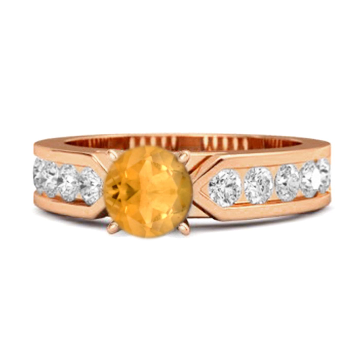 Citrine Round Solitaire Statement Ring - 925 Sterling Silver Rose Gold Vermeil 6