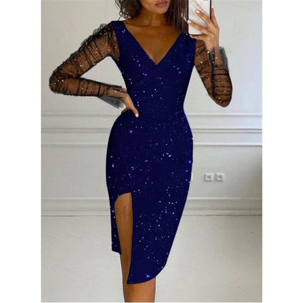 Women's V Neck Mesh Long Sleeve Glitter Bodycon Midi Dress Sexy High Slit Evening Party Cocktail Dresses