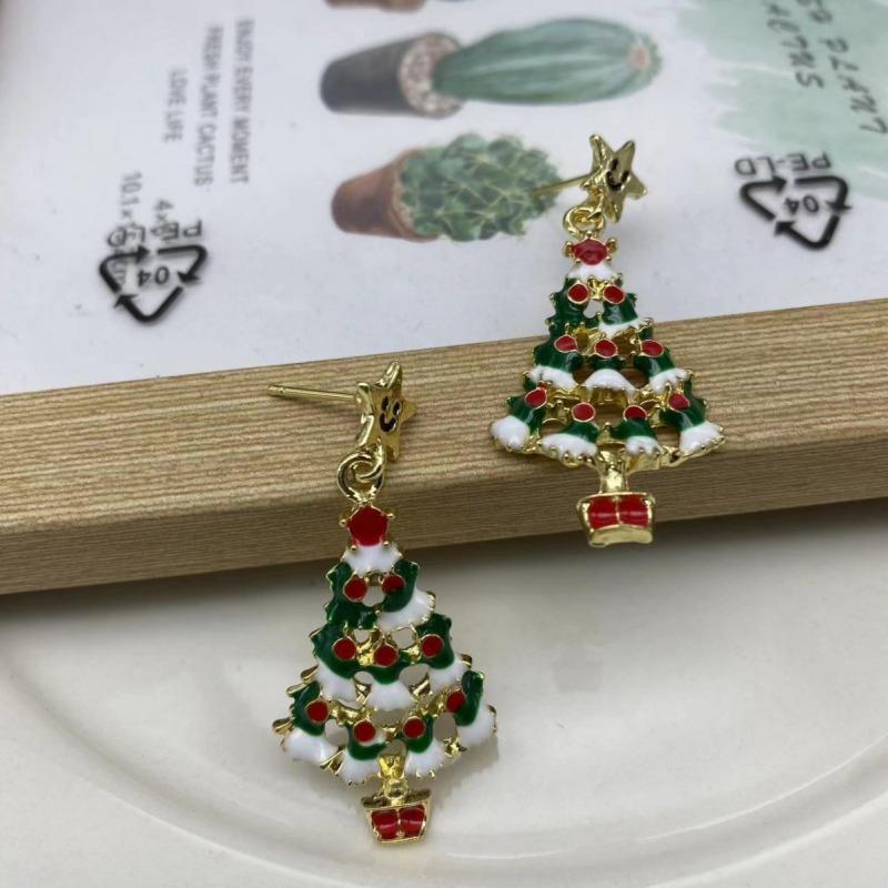 Christmas Colorful Cartoon Jewelry Cute Dripping Oil Christmas Tree Stud Earrings Europe and America Cross Border Hot Sale Stud Earrings for Women