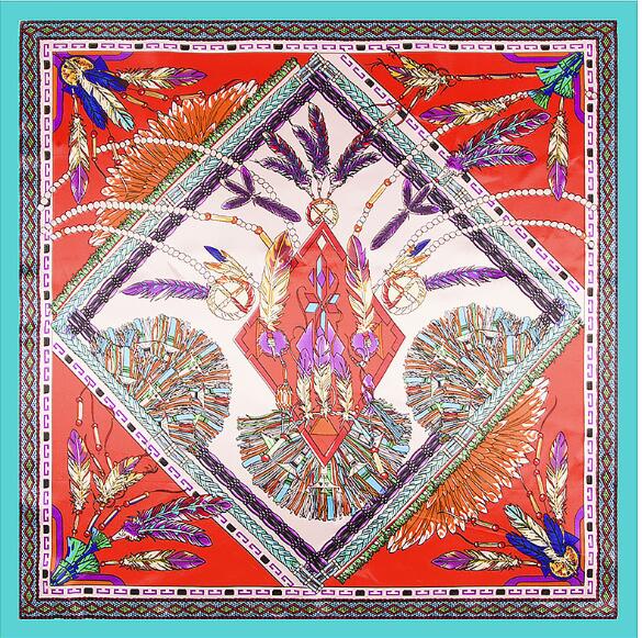 

90cm x 90cm Luxury Brand Silk Scarf Women Square Scarves Indian Famous Feather Silk Shawl Wraps Hijab Bandana 90x90cm