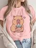 Women's Cute Capybara Boba Tee - Casual Short Sleeve Round Neck Polyester Knit Machine Washable Capybara T Shirt