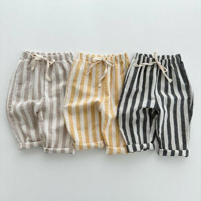 Pantalones de verano de algodón a rayas con cordón para niños de estilo coreano