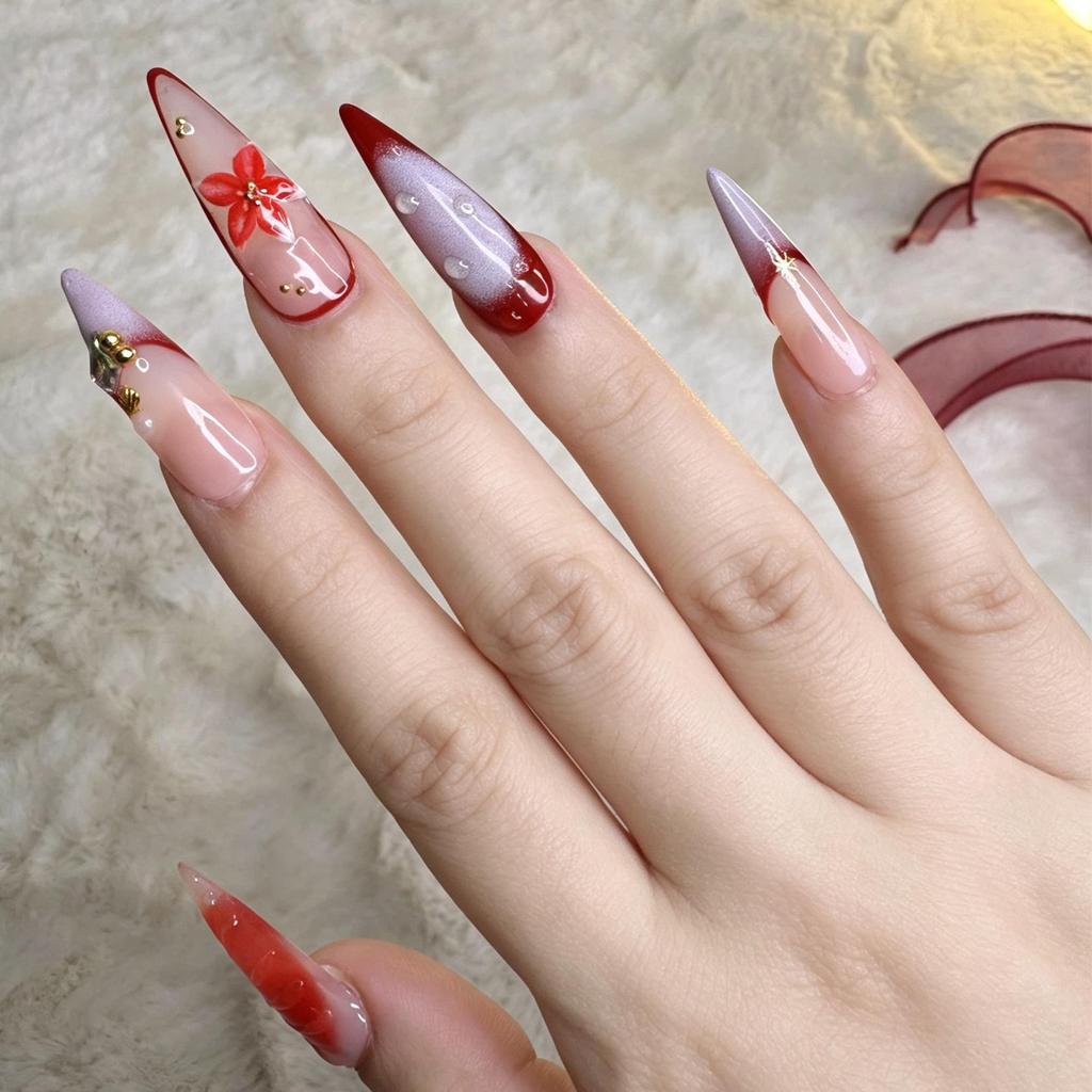 Handmade Press On Nail French Red Purple Gradient Blur 3D Carved Flowers Gold Pearls Stars Long Almond Fake Nail Patch Artificial Nail Reusable