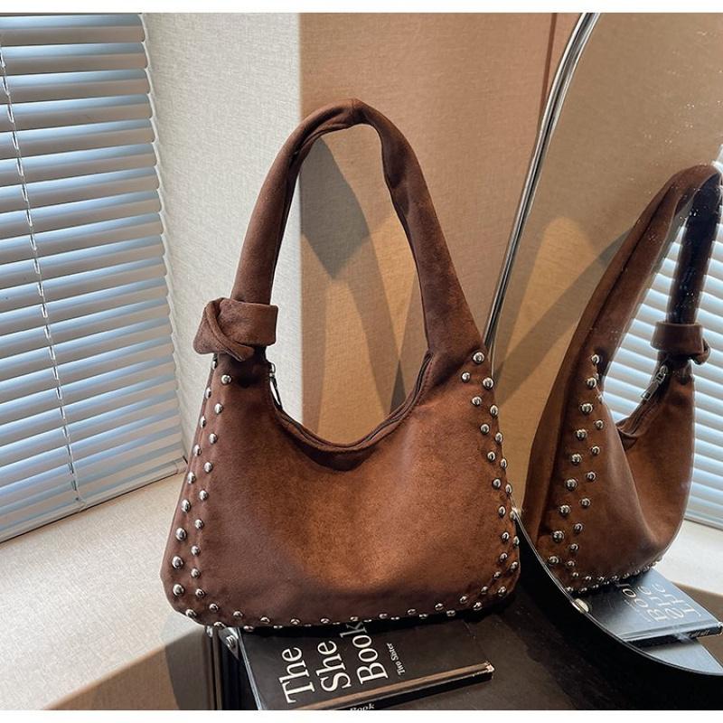 Rivet Faux Suede Shopping Shoulder Bag For Women 2025 Winter Retro Single Crossbody Bags Underarm Dumpling Sweet Tote Bags