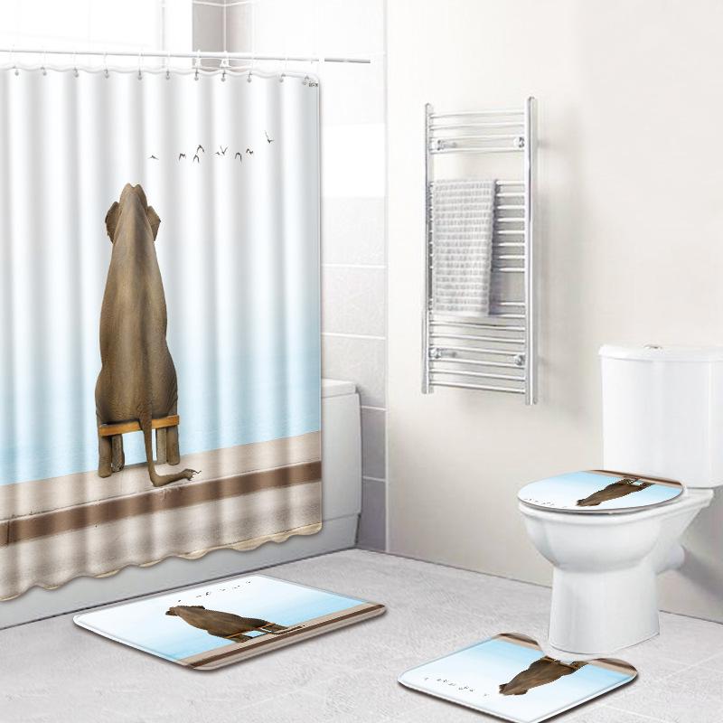 Elephant Lion Animal Shower Curtain Floor Mat Combination Set Toilet Carpet Shower Room Mat Foot Mat